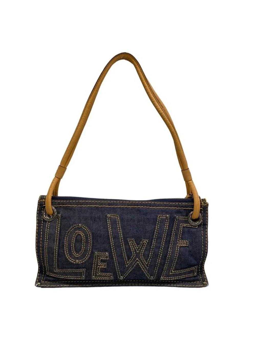 Loewe Shoulder Bag Dark Navy Beige Stitch Leather